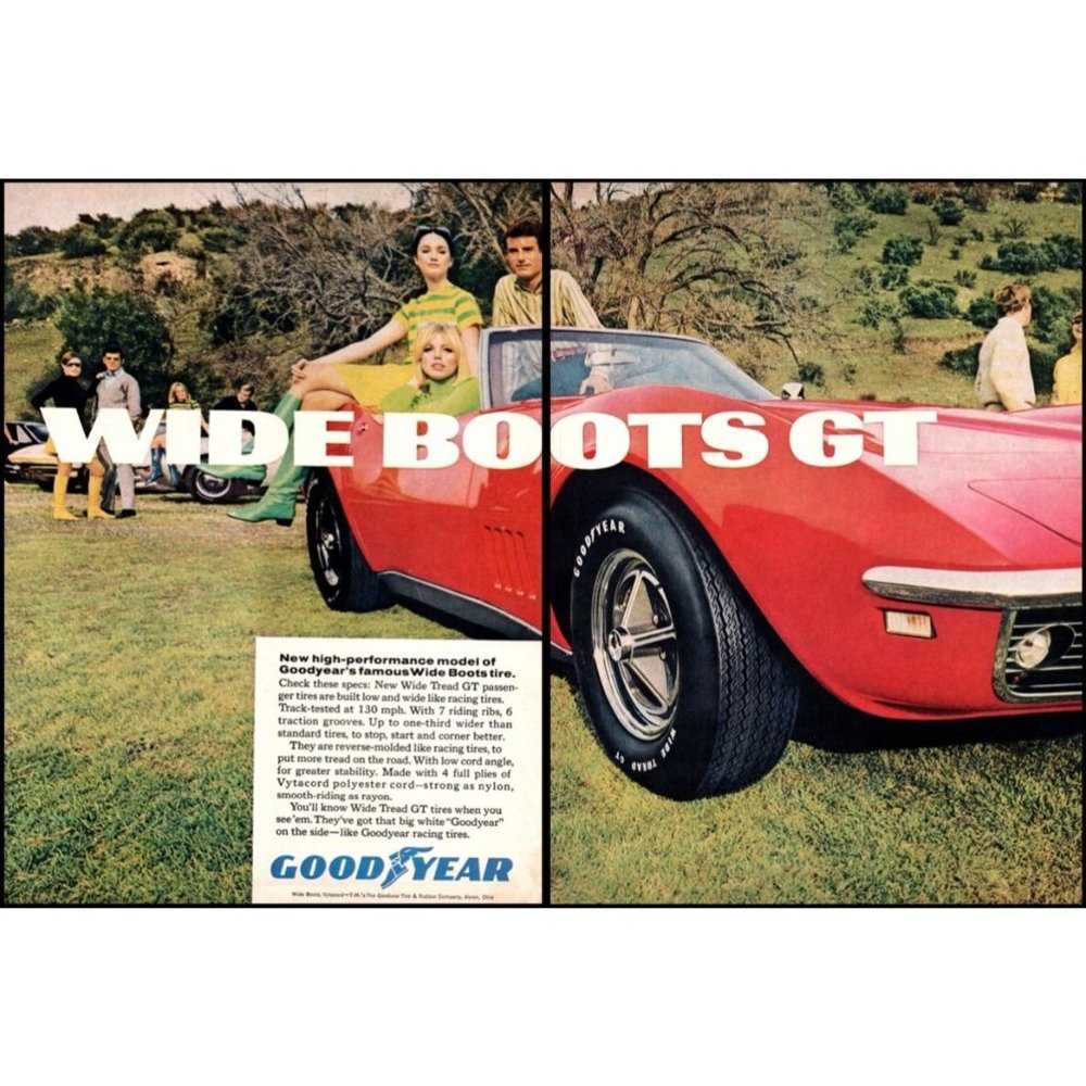 1968 Goodyear Tire Wide Boots GT 2 Page Vintage Print Ad Red Corvette Wall Art